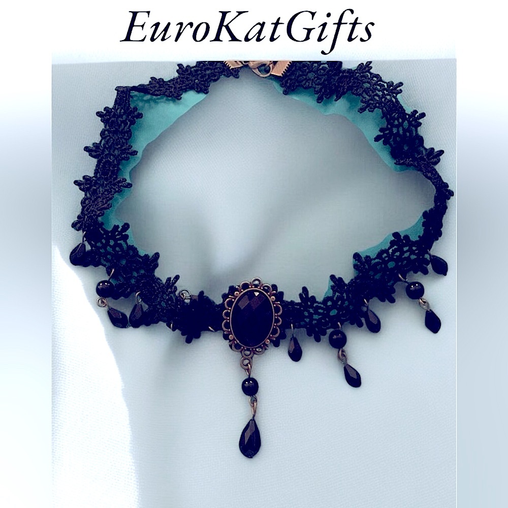 Black Lace Jewel Choker Necklace, Steampunk, Goth,‎ Punk, Halloween, Trendy NEW